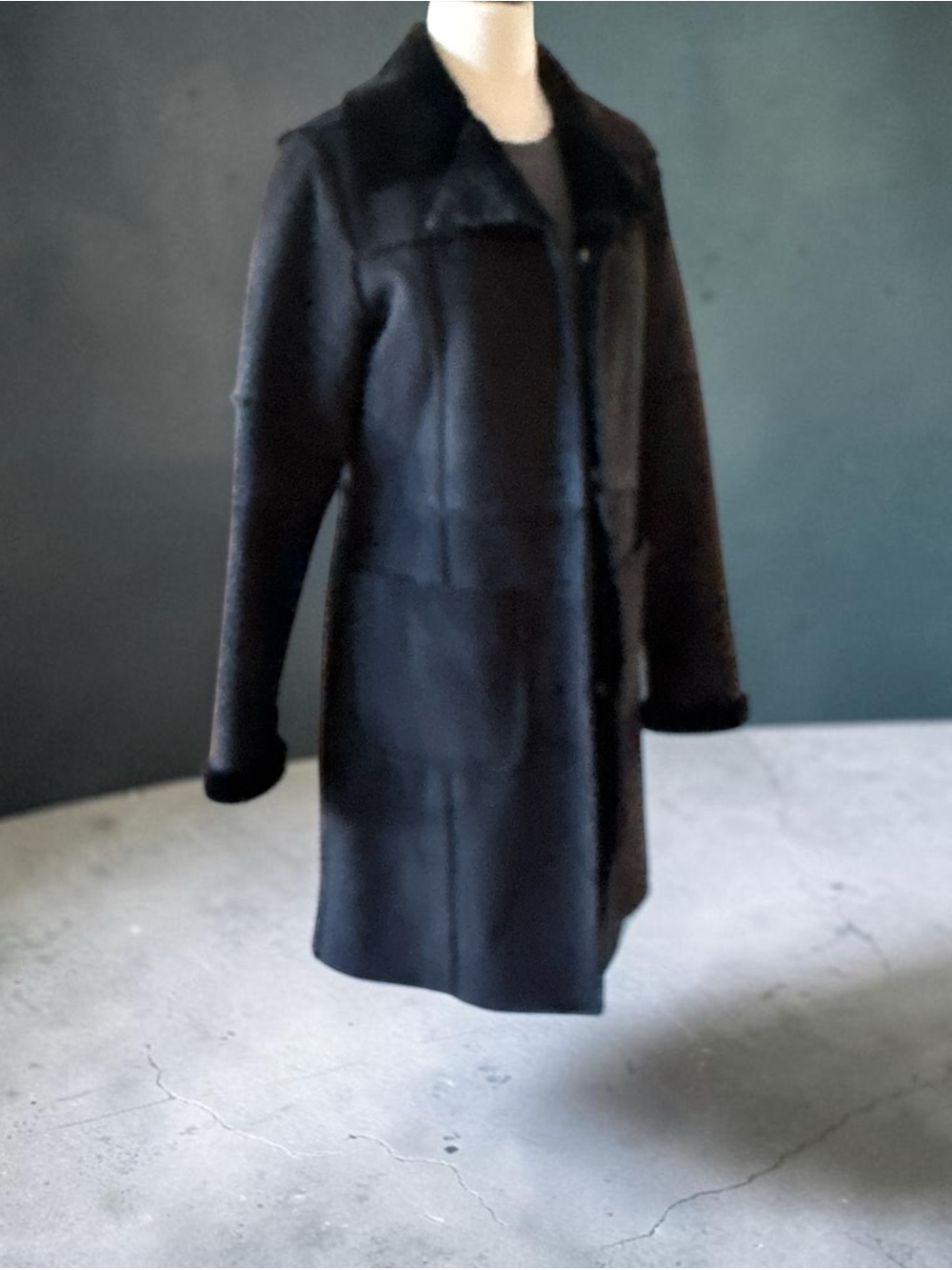 BEBE Black Plush Shearling-Style Mid-Length Trench Coat XS – Fur Collar & Cuffs